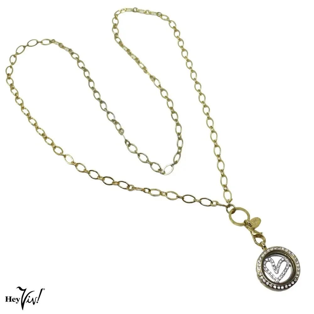 Floating Locket Necklace w Rhinestone Heart Charm Gold Tone 30” Chain - Hey Viv